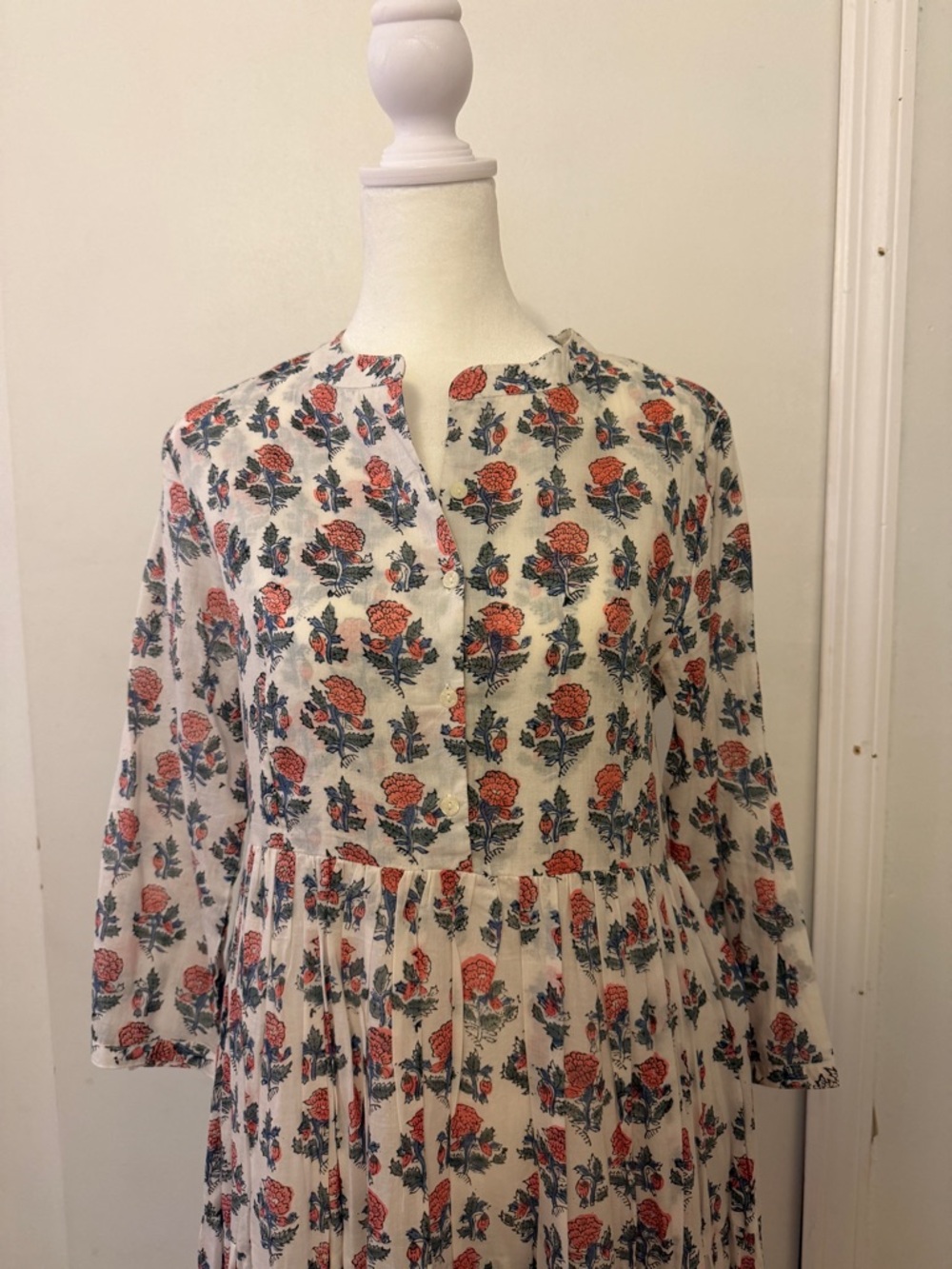 Hand block printed cotton Floral Button-Front Maxi Dress with side pockets.
